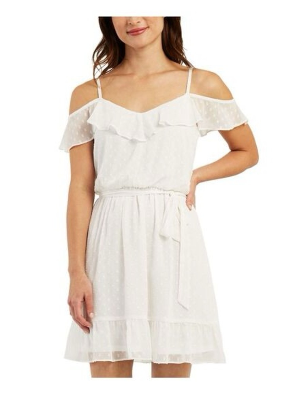 BCX Dress White Swiss Dot Ruffle Cold Shoulder Dress Size M